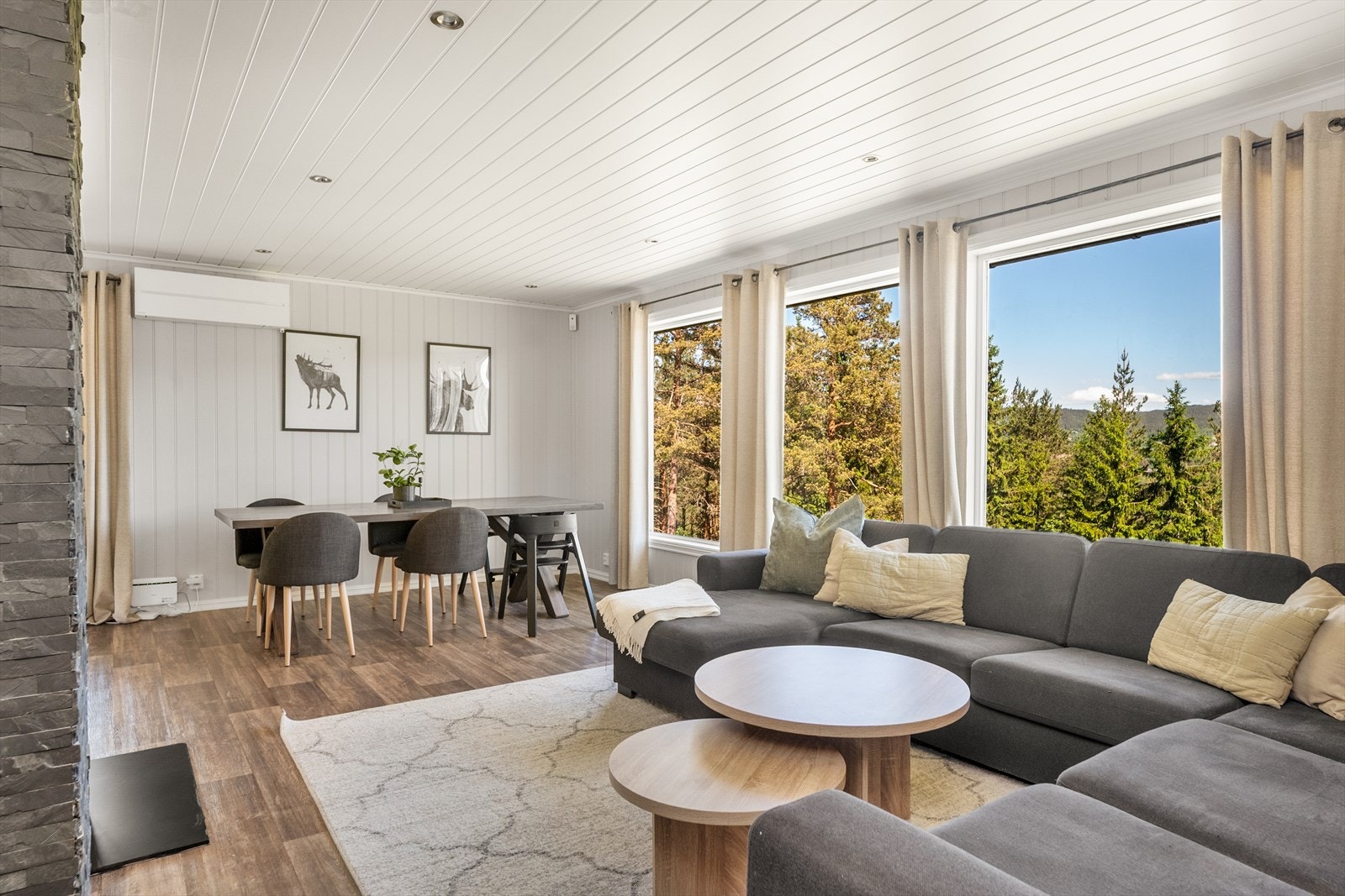 Stuen har god plass til både spisebord og en romslig sofagruppe. Galleribilde