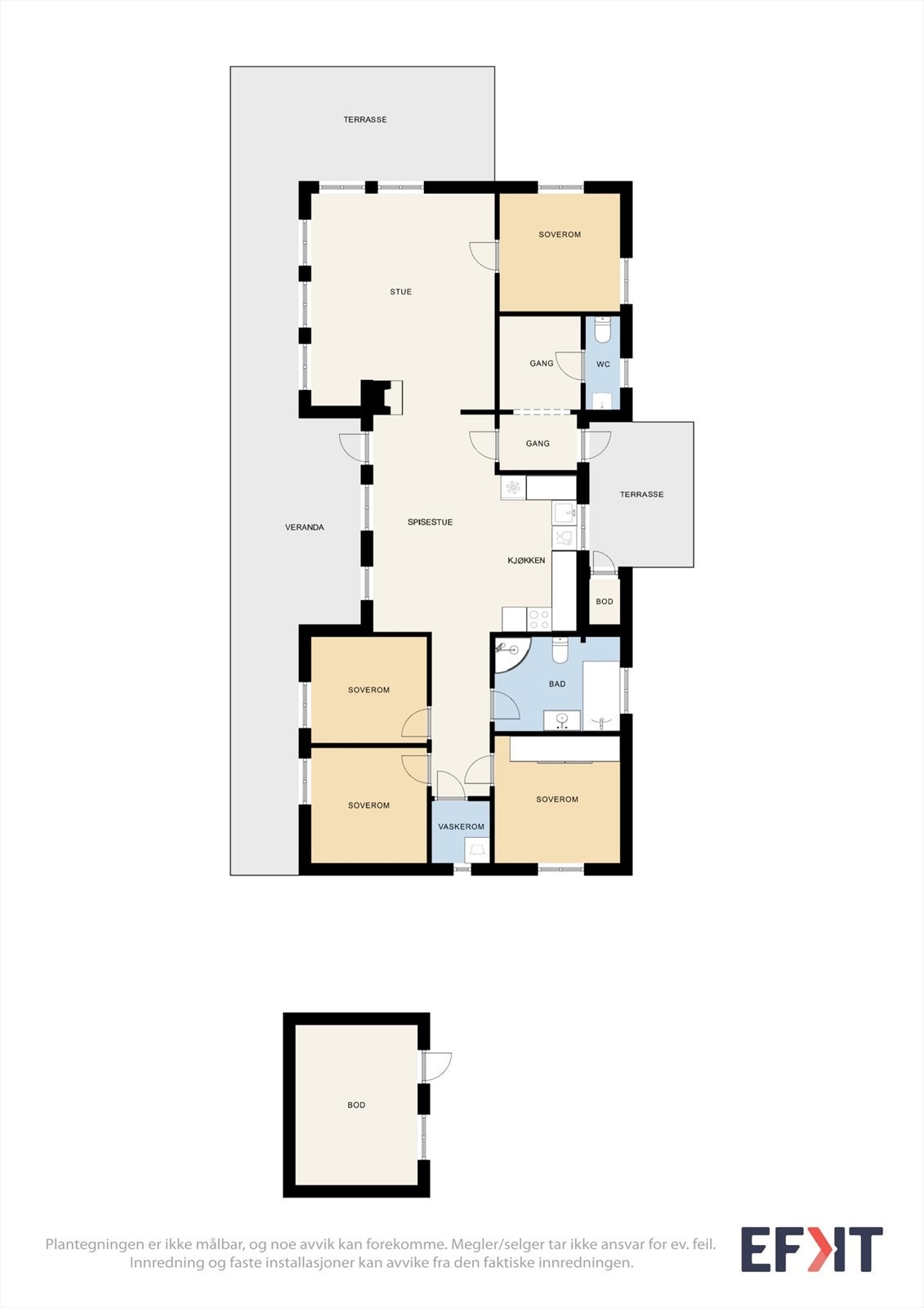Praktisk planløsning over ett plan som inneholder stue, kjøkken, TV-stue, tre soverom, to bad, separat WC og vaskerom - perfekt for familien! Galleribilde