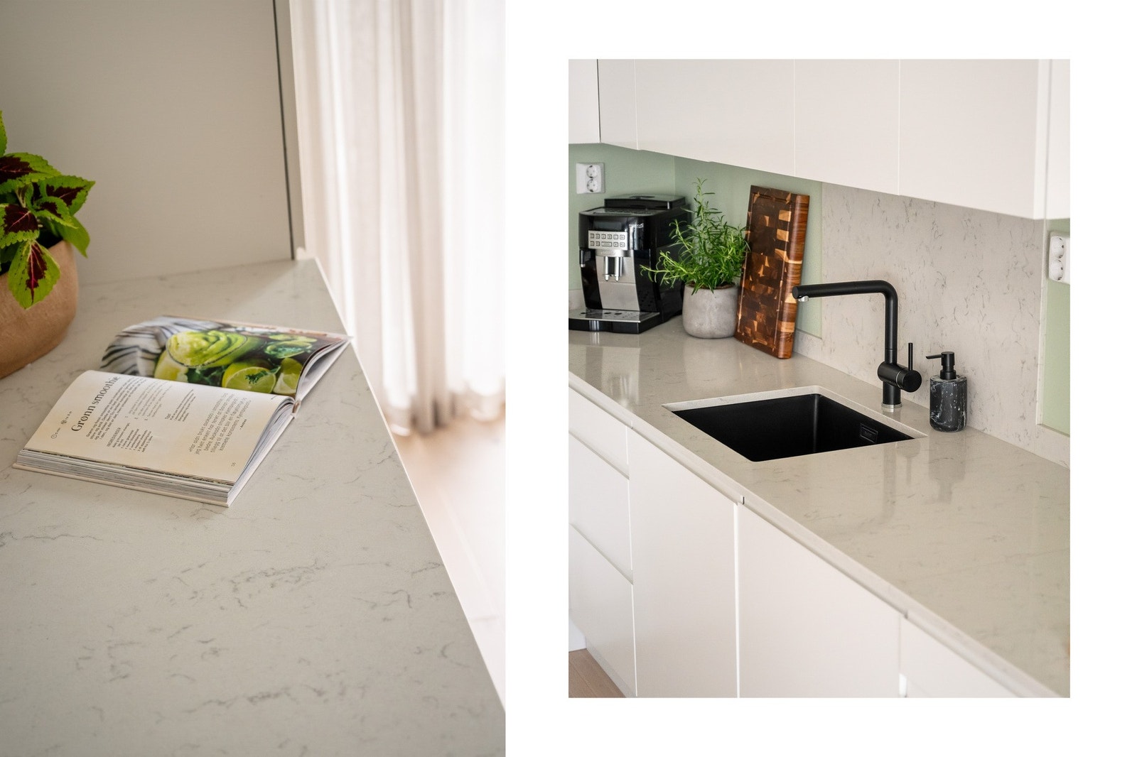 Benkeplate i komposittmateriale (Silestone) med underlimt kum i kompositt (Blanko). Galleribilde