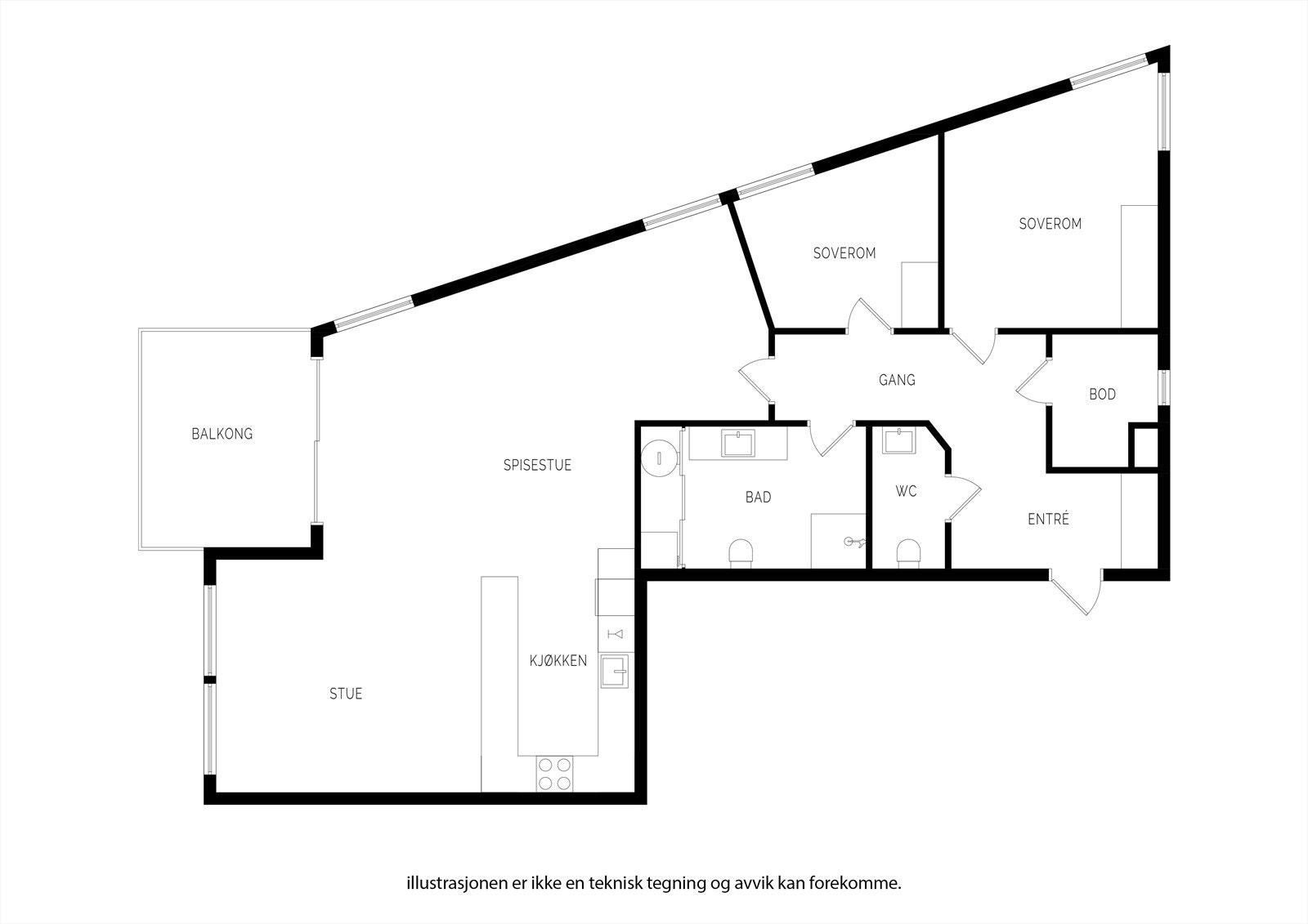 Leiligheten har en gjennomtenkt planløsning med åpen stue- og kjøkkenløsning, to soverom og separat toalettrom. Galleribilde