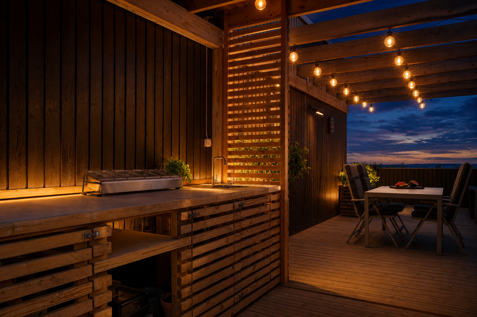 Mellom terrasseplattingen og altanen er det laget et overbygget utekjøkken.
Foto: Generert av KI. Galleribilde