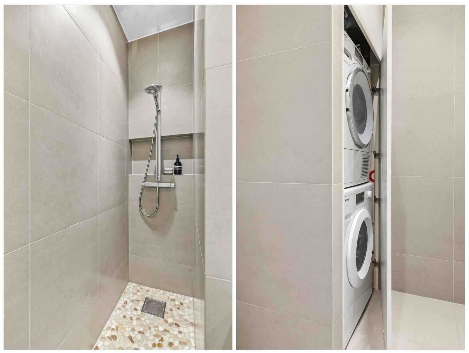 Badet har naturlig ventilering og opplegg for både vaskemaskin og tørketrommel i nisje. Galleribilde