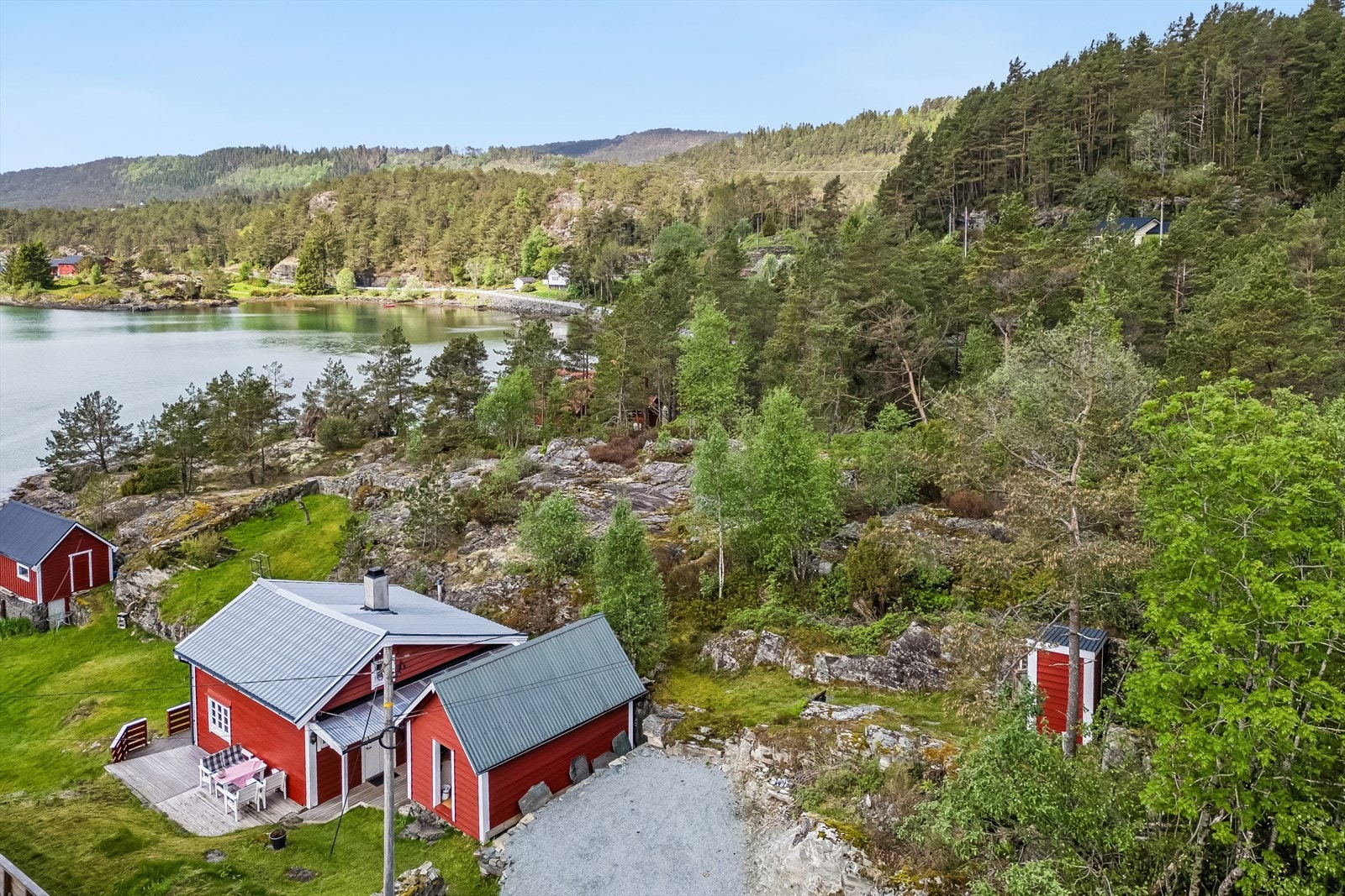 Kjøring helt fram. Fin eldre hytte og uthus, samt utedo. Galleribilde