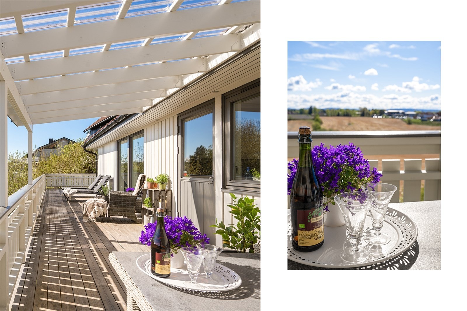 Utsikten mot åpne landskap og grønne omgivelser gir en fredelig og landlig stemning som inviterer til rolige morgener og lange sommerkvelder. Galleribilde