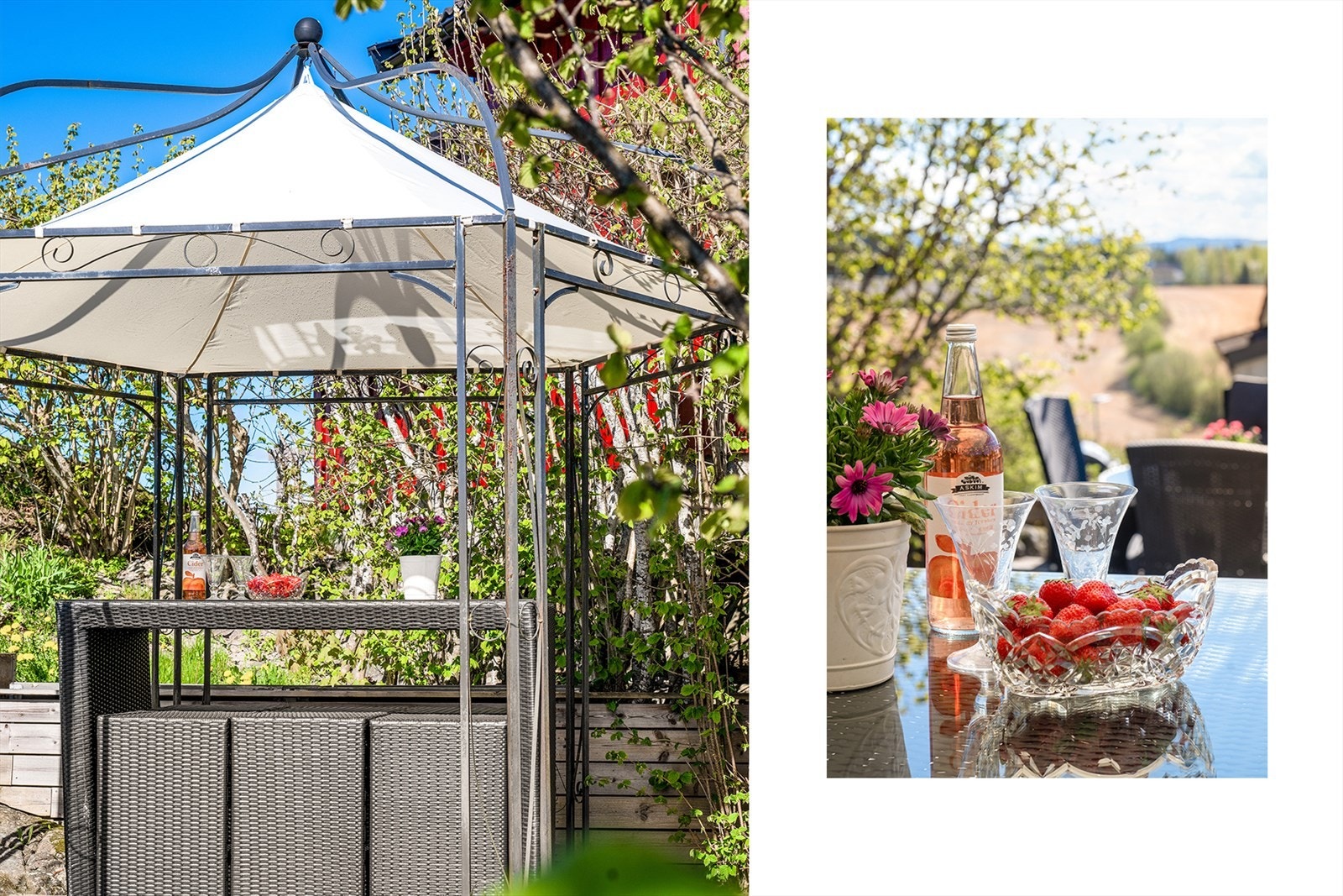 De opparbeidede uteområdene byr på en herlig kombinasjon av naturtomt, lune soner og sosiale møteplasser. Paviljongen skaper en stemningsfull ramme rundt måltider og lange sommerkvelder ute. Galleribilde