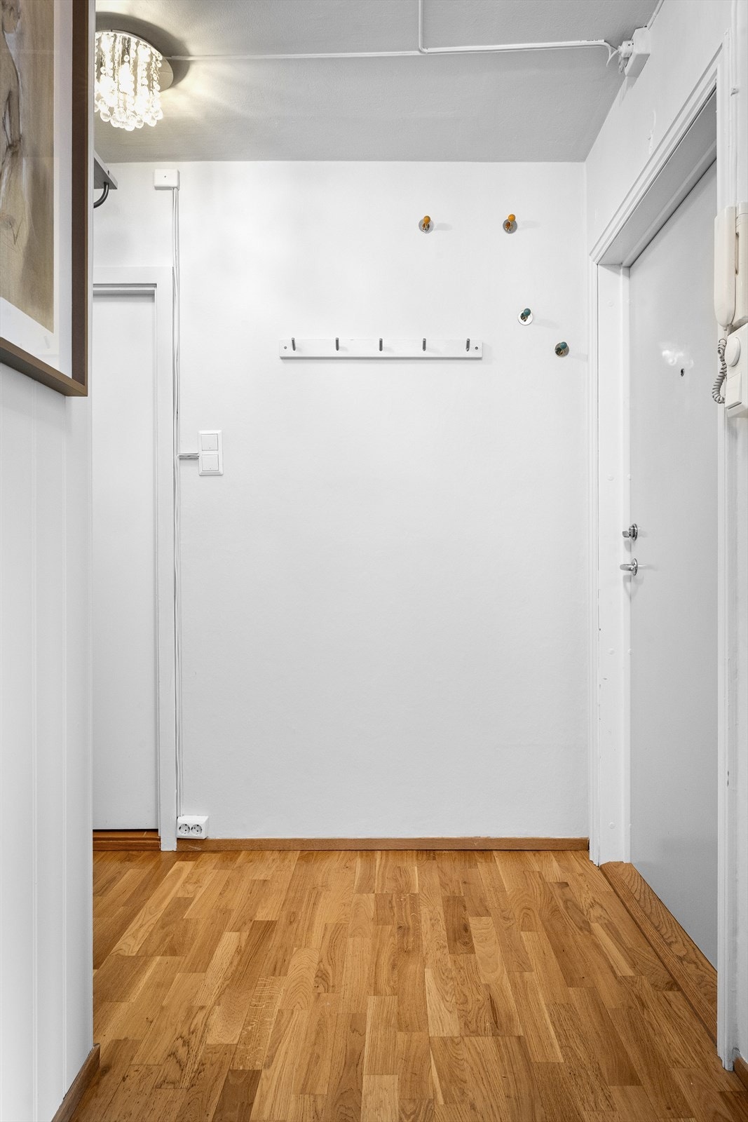 Entréen ønsker velkommen med parkett på gulvet, som er gjennomgående i store deler av leiligheten. Galleribilde