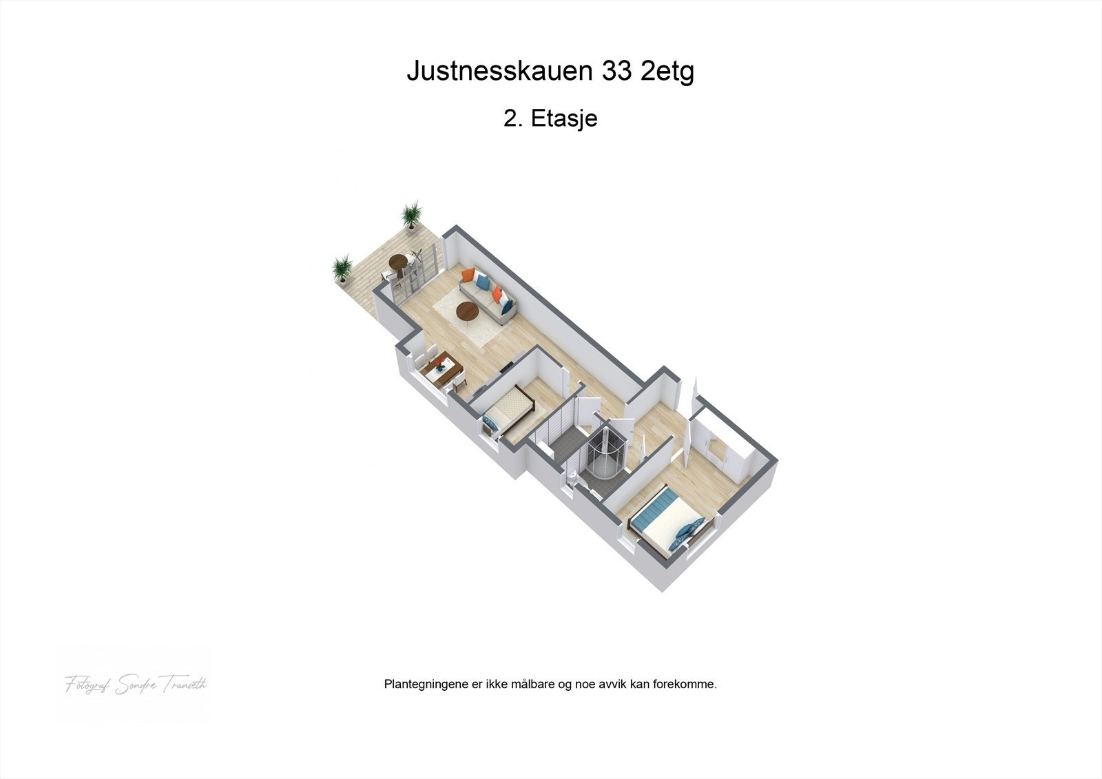Leiligheten har en arealeffektiv planløsning med åpen stue- og kjøkkenløsning, to soverom, bad og separat vaskerom. Galleribilde