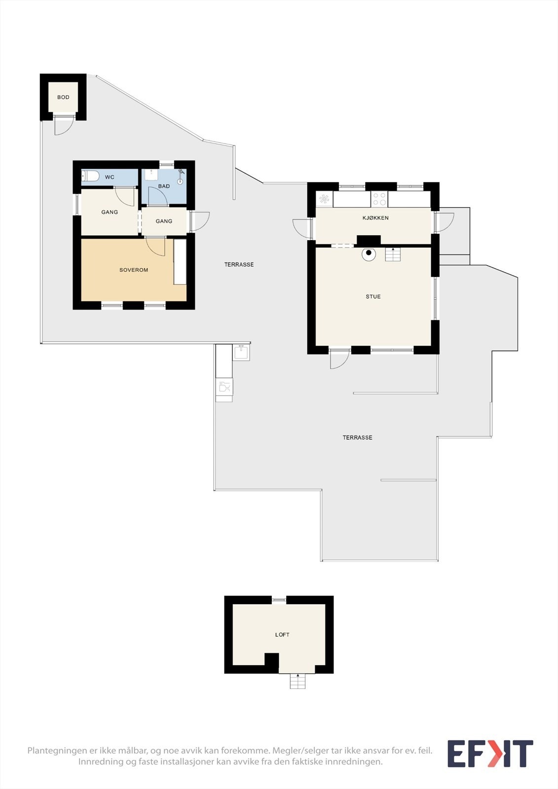 Eiendommen gir en fleksibel løsning med separate bygg for opphold og sovefunksjoner, samt et loft for ekstra plass. Galleribilde
