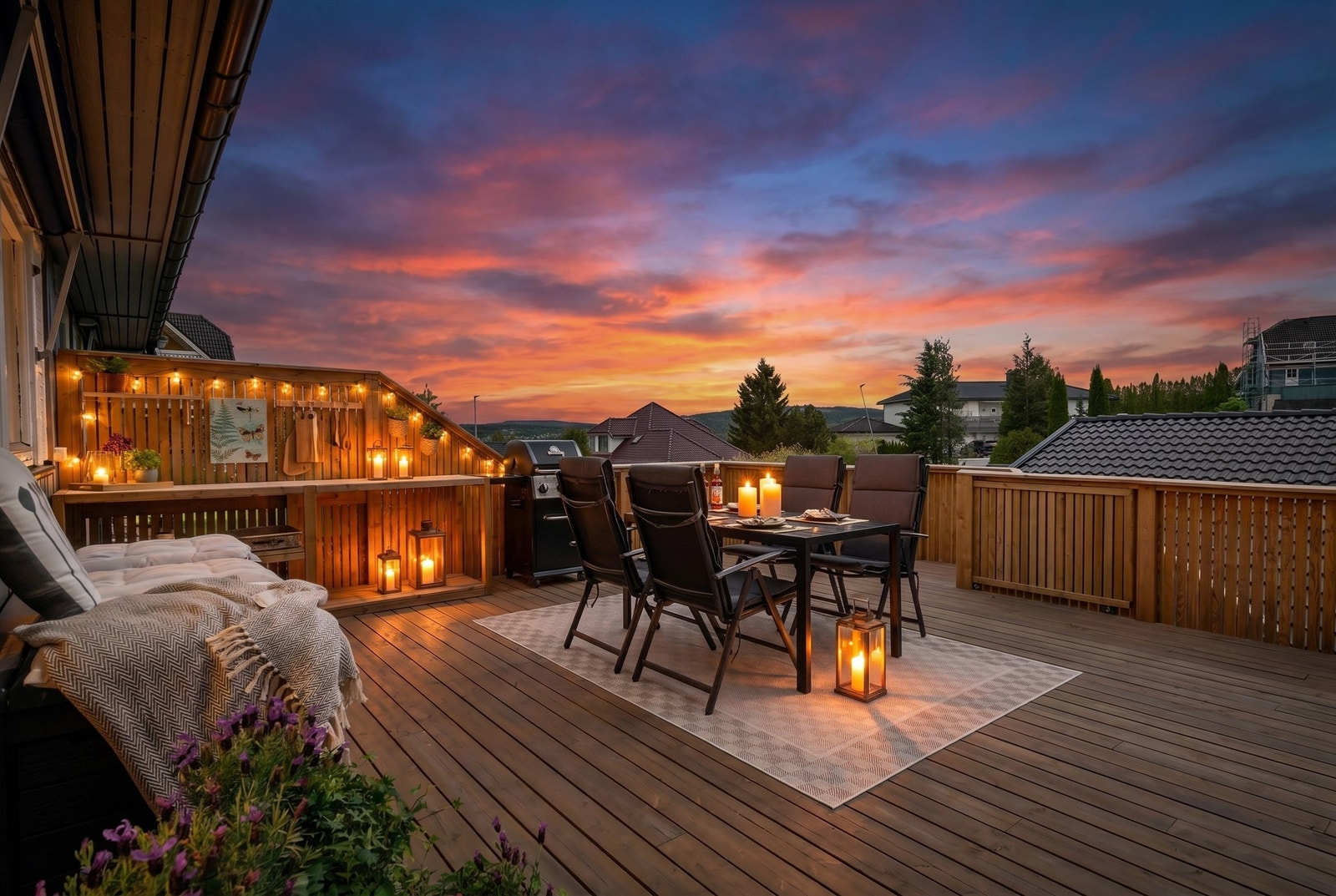 Eneboligen har stor terrasse som er et flott samlingspunkt for familie og venner.AL redigert til kveldsbilde.
Foto: Z|OVENFRA Galleribilde