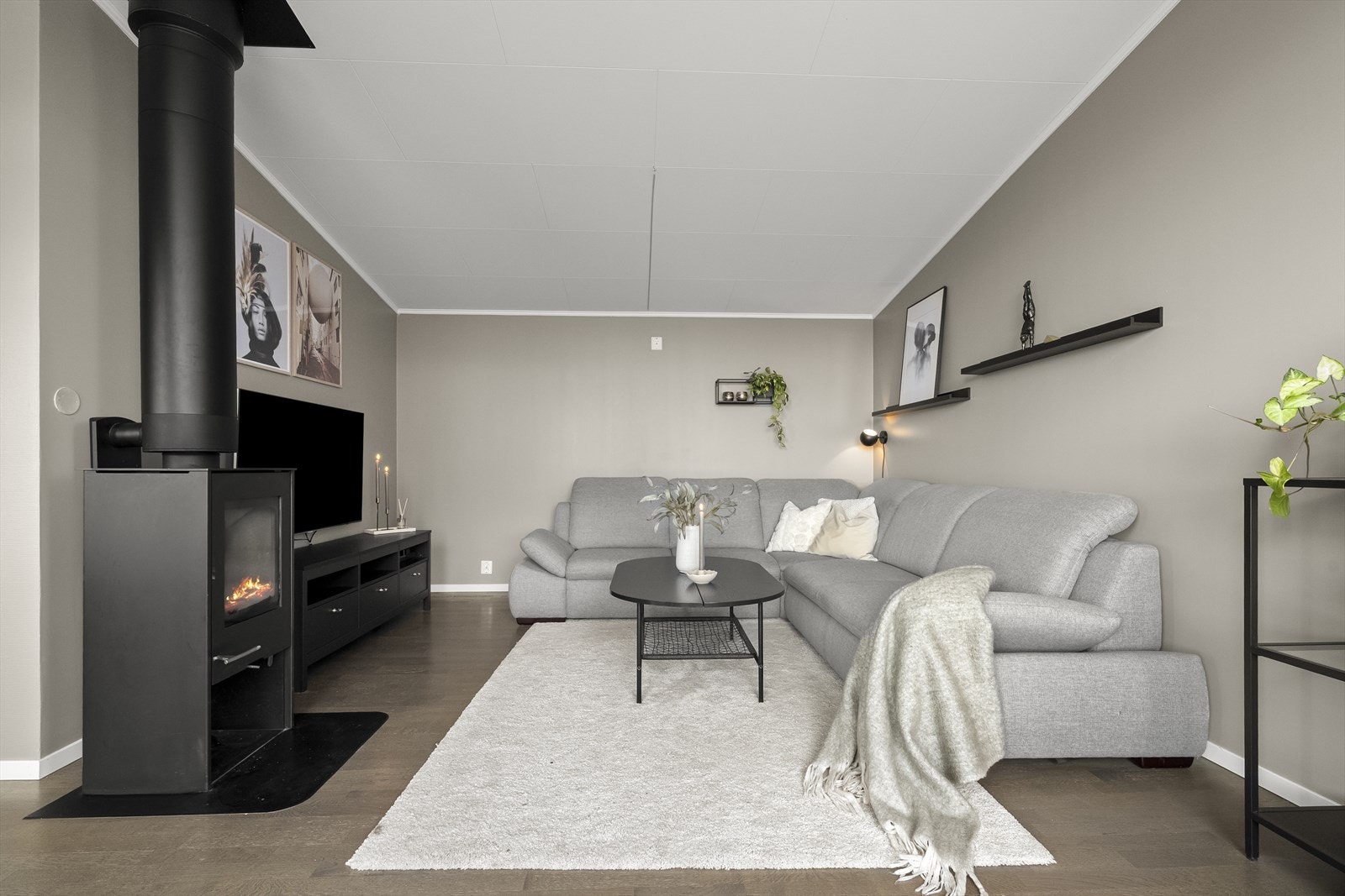Her er det plass til ein stor sofagruppe og oppvarming med vedovn. Galleribilde