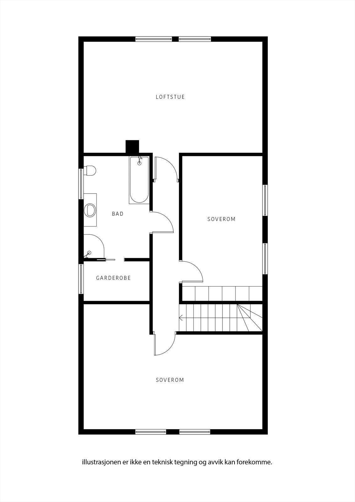 Andre etasje, påbygget i 2000, inneholder loftstue, tre soverom, bad og bod. Galleribilde