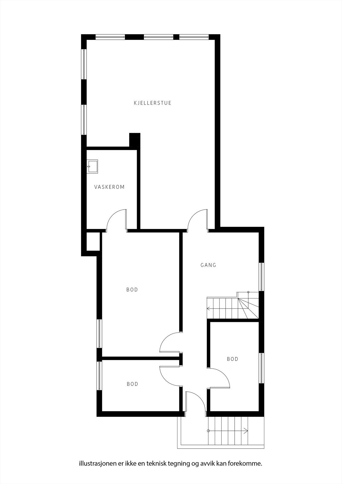 Kjelleren inneholder kjellerstue, vaskerom og flere boder for rikelig med lagringsplass. Galleribilde