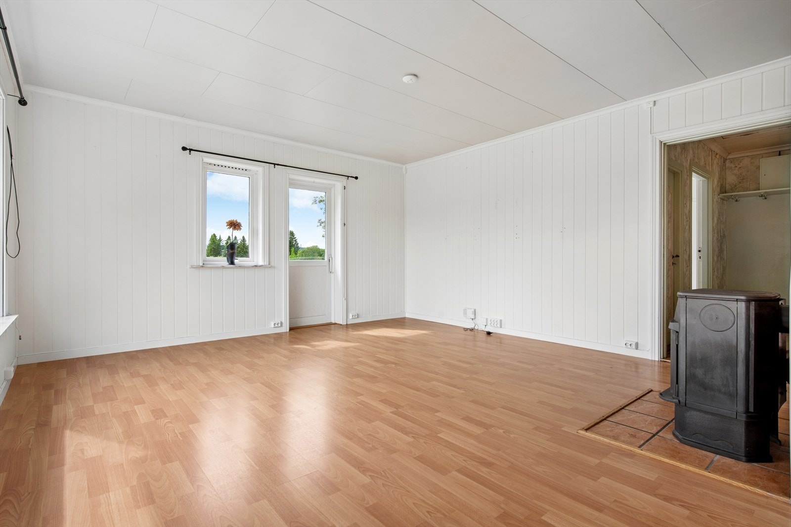 Romslig stue med panelplater på veggene og laminat på gulvet. Galleribilde