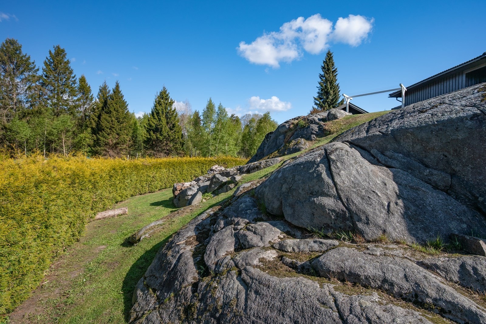 Tomten er opparbeidet med plen, hekk og med naturlig fjell i dagen. Galleribilde