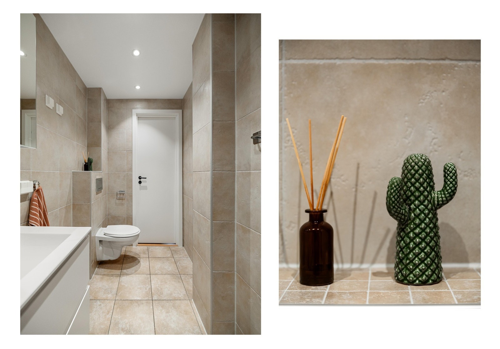 Badet er pent flislagt og gir fra seg et stilrent uttrykk. Her får du downlights i himling, opplegg til vaskemaskin og lun varme i gulvet. Galleribilde