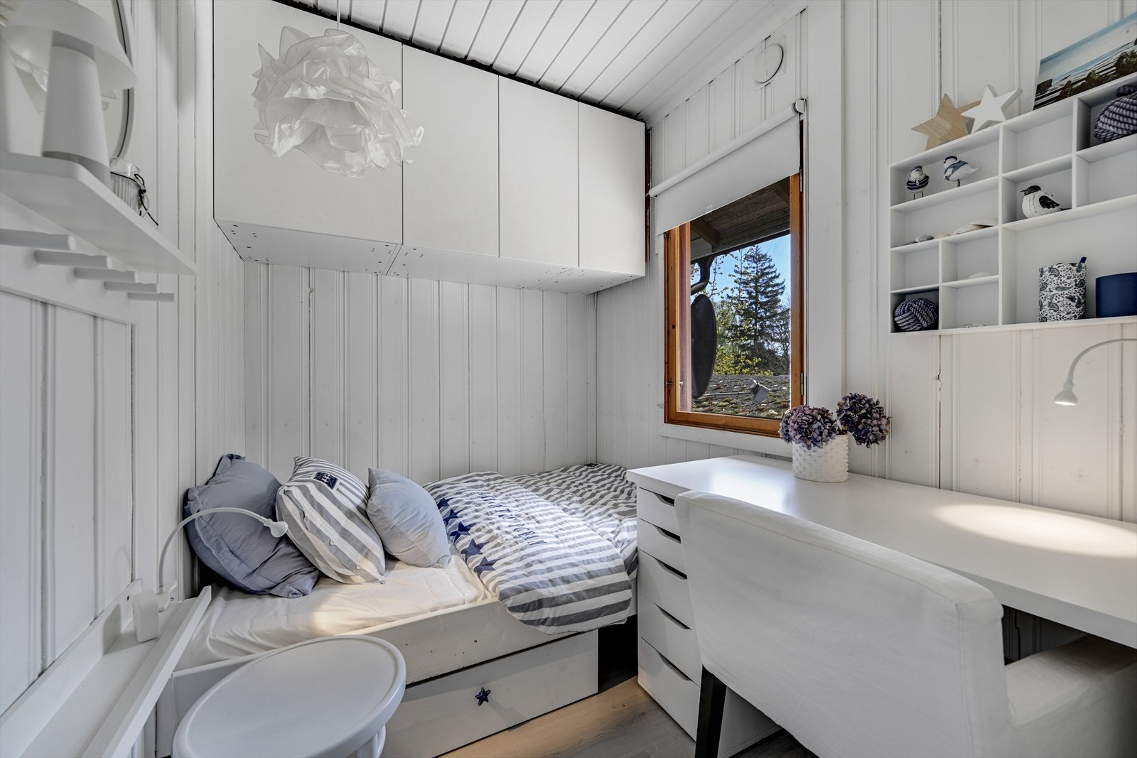 Soverom nr. 2 med plassbygget seng og skrivebord. Galleribilde