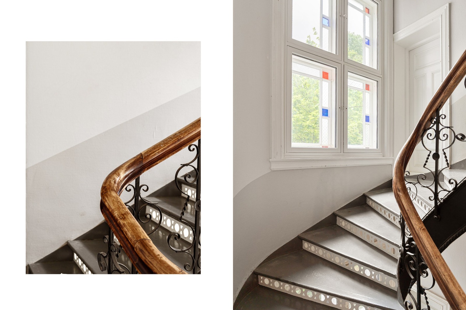 Klassisk oppgang med smijernsrekkverk og ornamenter. Galleribilde