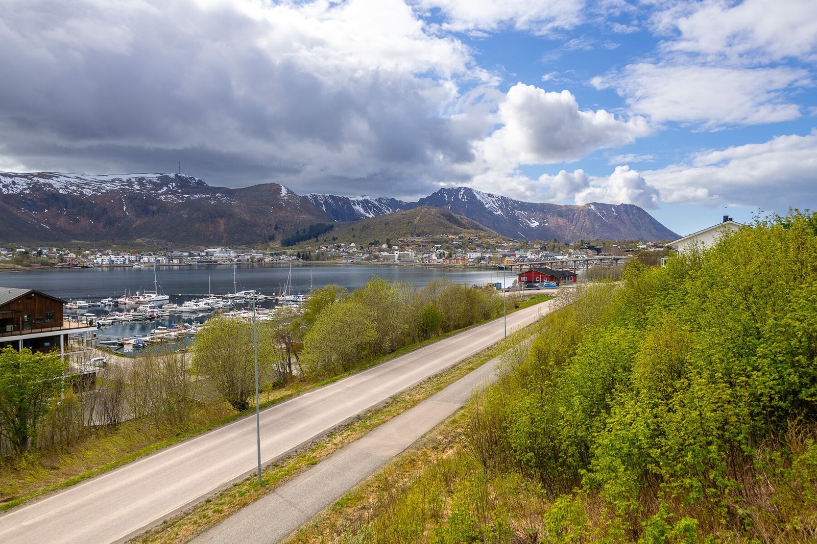Utsyn over nærområdet med fjell og fjord i horisonten. Galleribilde