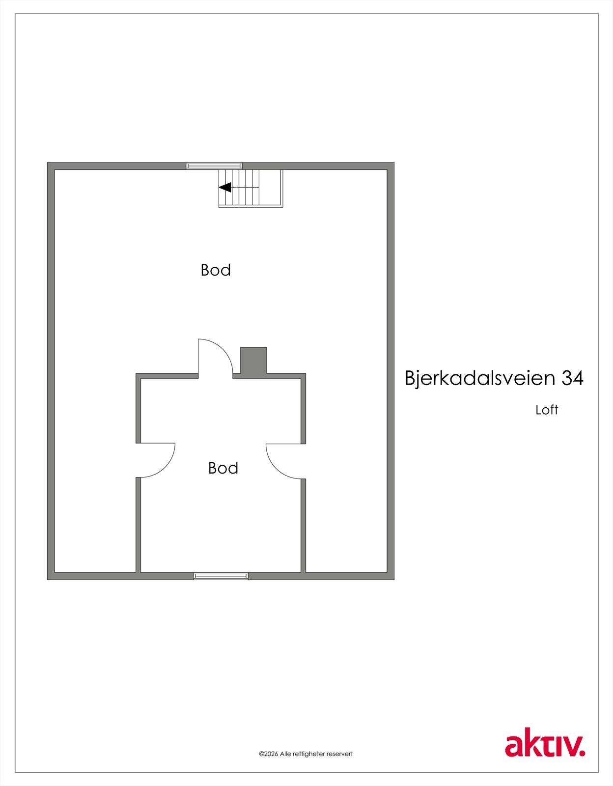 Planskisse loft. Det er også kjeller i boligen med utvendig inngang. I kjelleren finner man 3 boder. Galleribilde