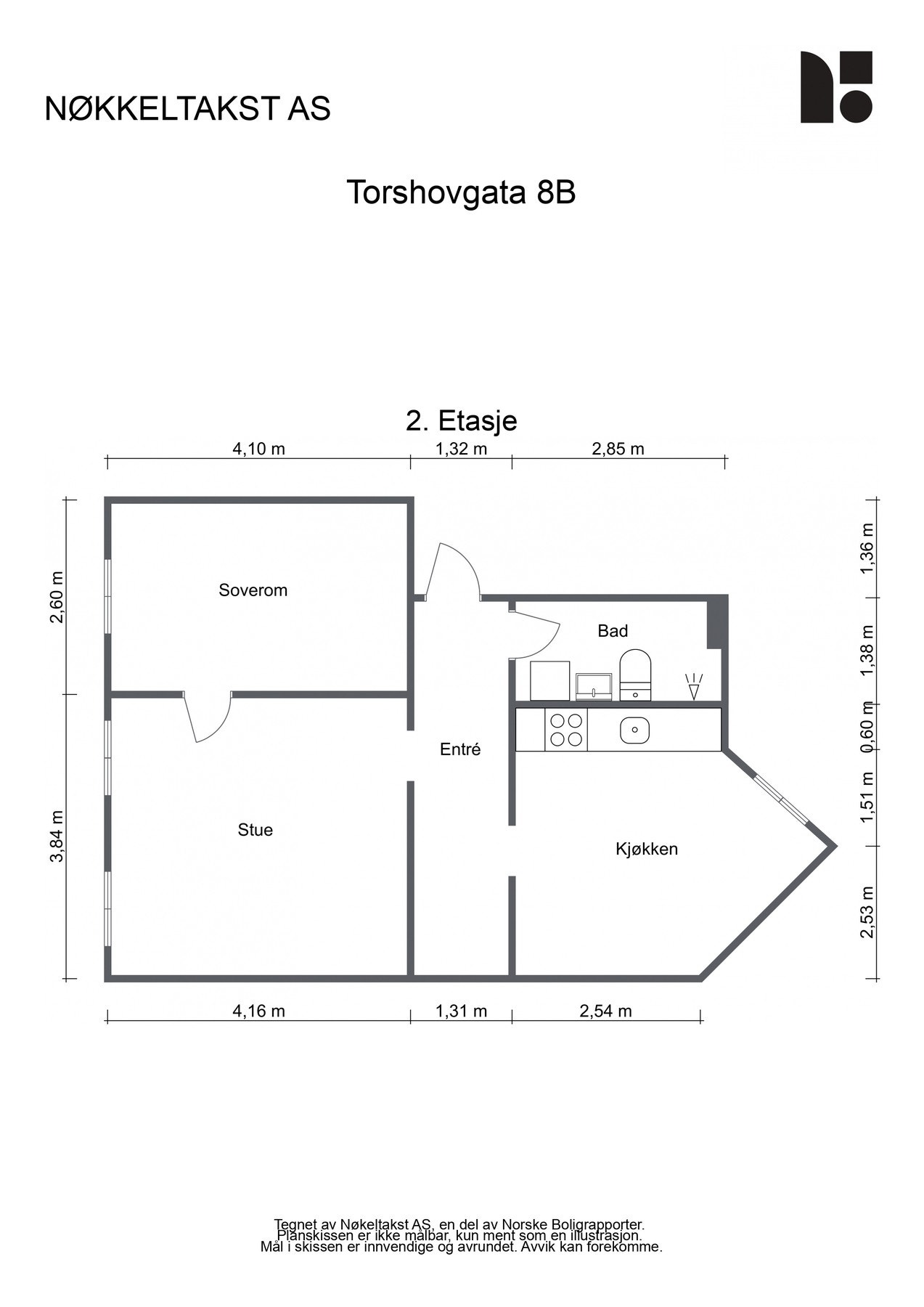 Planskisse BRA-i: 54 kvm: Entré, stue, separat kjøkken, soverom og baderom. Leiligheten disponerer to boder på totalt 6m², i trappeoppgang (én trapp ned) og i kjeller. Galleribilde