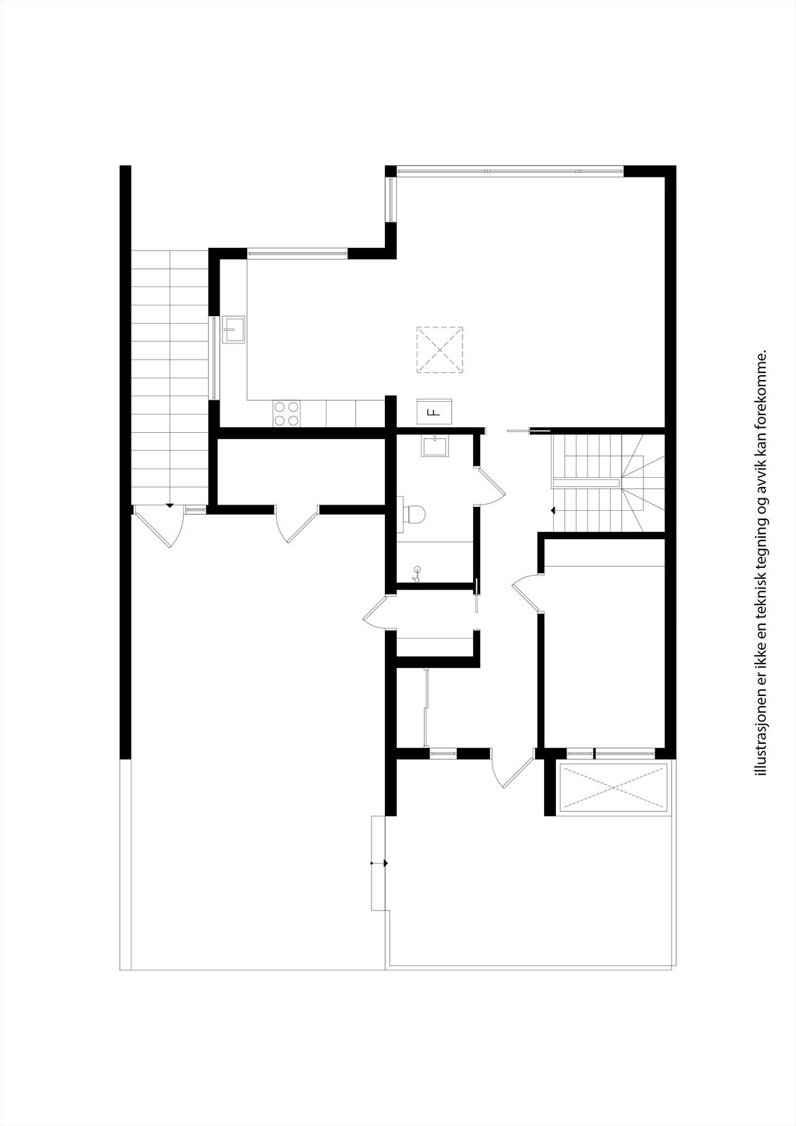 Hovedetasjen er utformet som en livsløpsbolig med alt på ett plan, inkludert stue, kjøkken, soverom og bad. Galleribilde