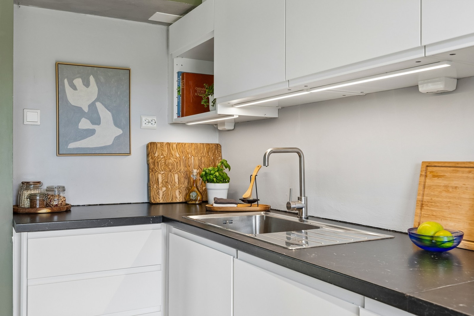Det er utstyrt med integrert stekeovn, koketopp og oppvaskmaskin, samt frittstående kjøle- og fryseskap. Galleribilde