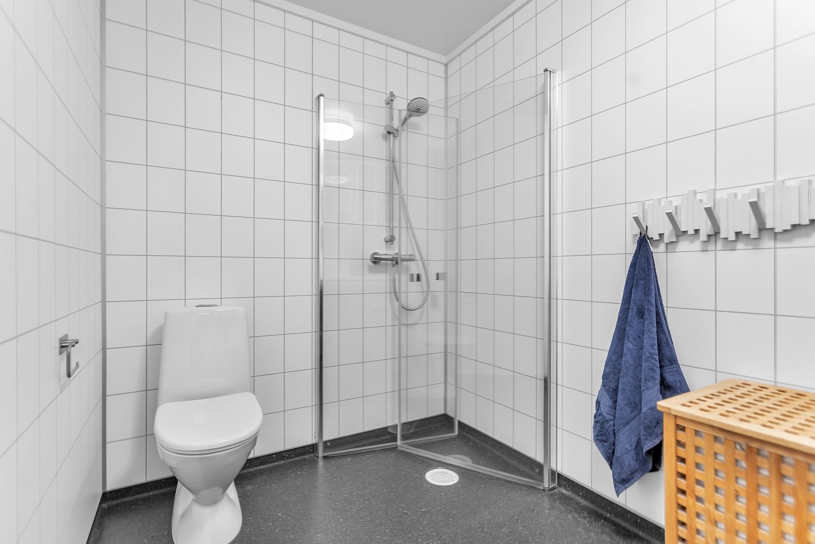 Vaskerommet er innredet med opplegg for vaskemaskin, dusjhjørne og toalett. Galleribilde