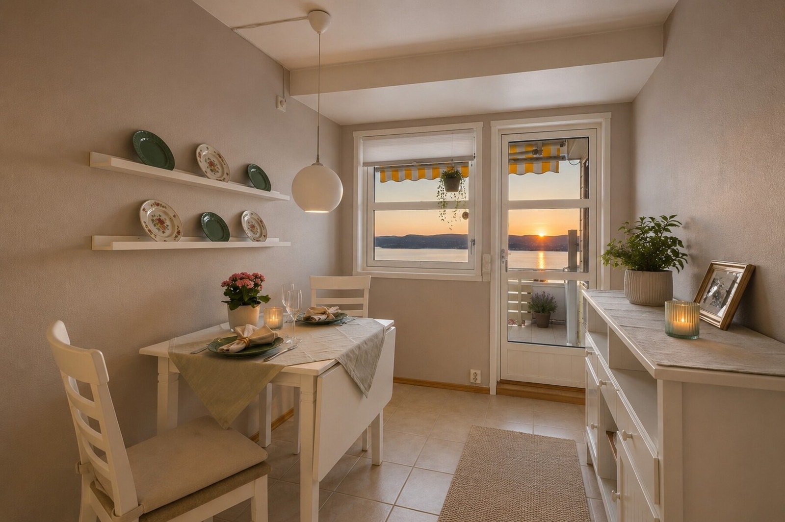 Fra kjøkkenet er det også utgang til den flotte terrassen, så her er det bare å ta morgenkaffen i vakre omgivelser og nyte den flotte utsikten. Bildet er redigert med AI. Galleribilde
