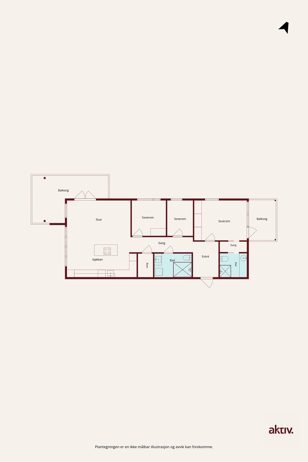 Plantegning. Leiligheten har en meget effektiv planløsning med 3 soverom og 2 bad. Galleribilde