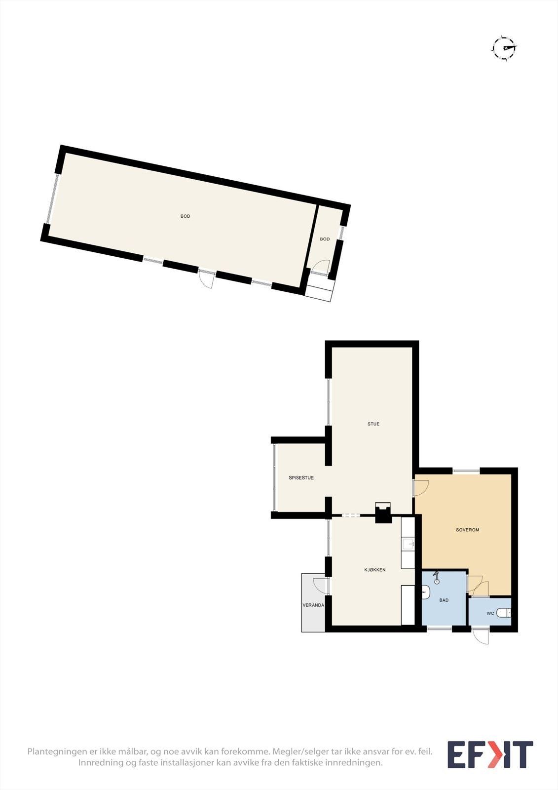 Eneboligen har en arealeffektiv planløsning med alle rom på ett plan, samt et separat anneks for lagring. Galleribilde