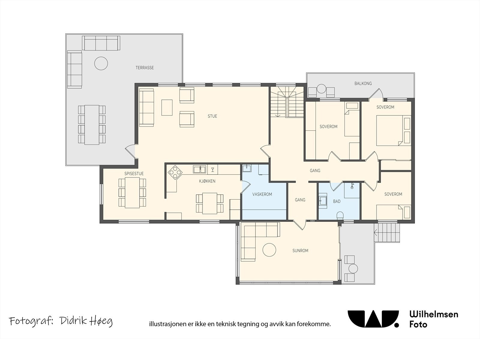 Overetasjen er boligens hovedplan og inneholder stue, kjøkken, tre soverom, bad, vaskerom og en romslig vinterhage. Galleribilde