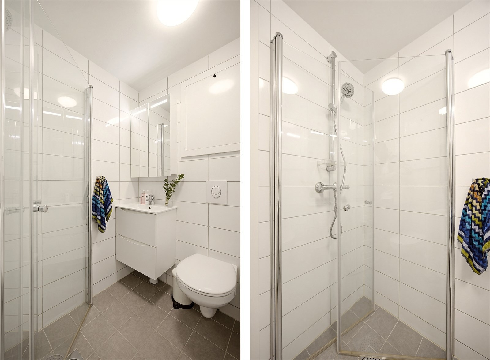 Badet byr på dusj med innfellbare dører, servant og veggfestet toalett. Over vasken finner du veggskap med speilfronter og under - et benkeskap med plass til oppbevaring av baderomsartikler. Galleribilde
