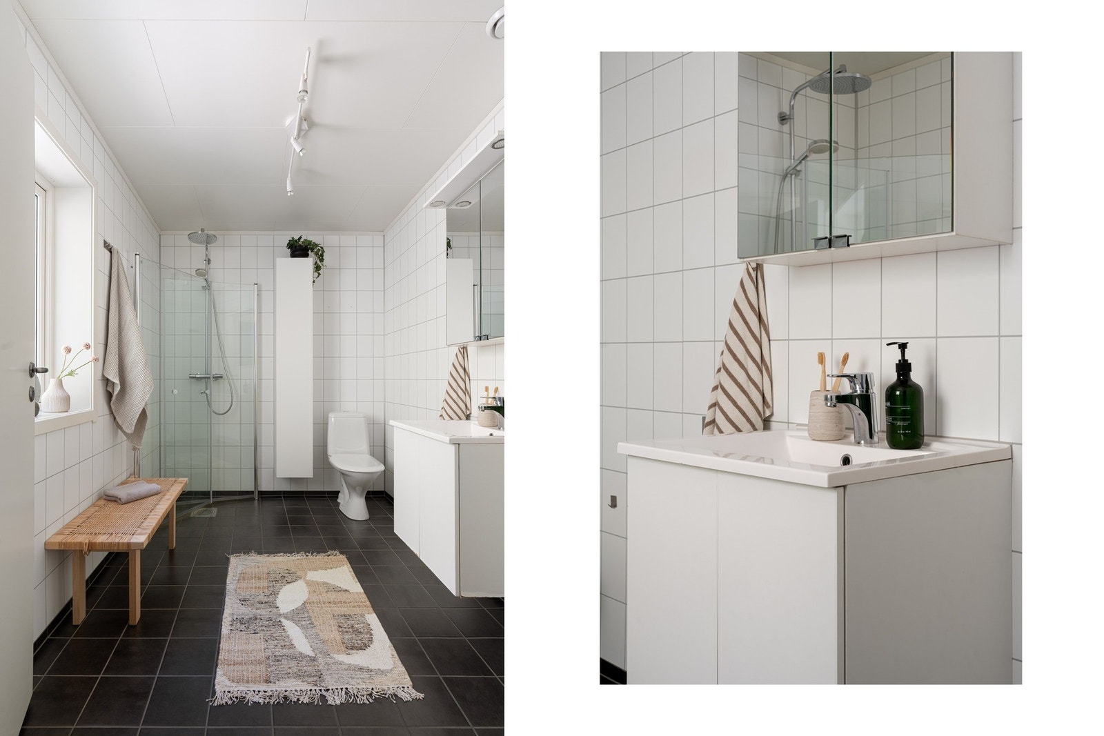 Innredning med heldekkende servant, speilskap med lys og et dusjhjørne med glassdører. Galleribilde