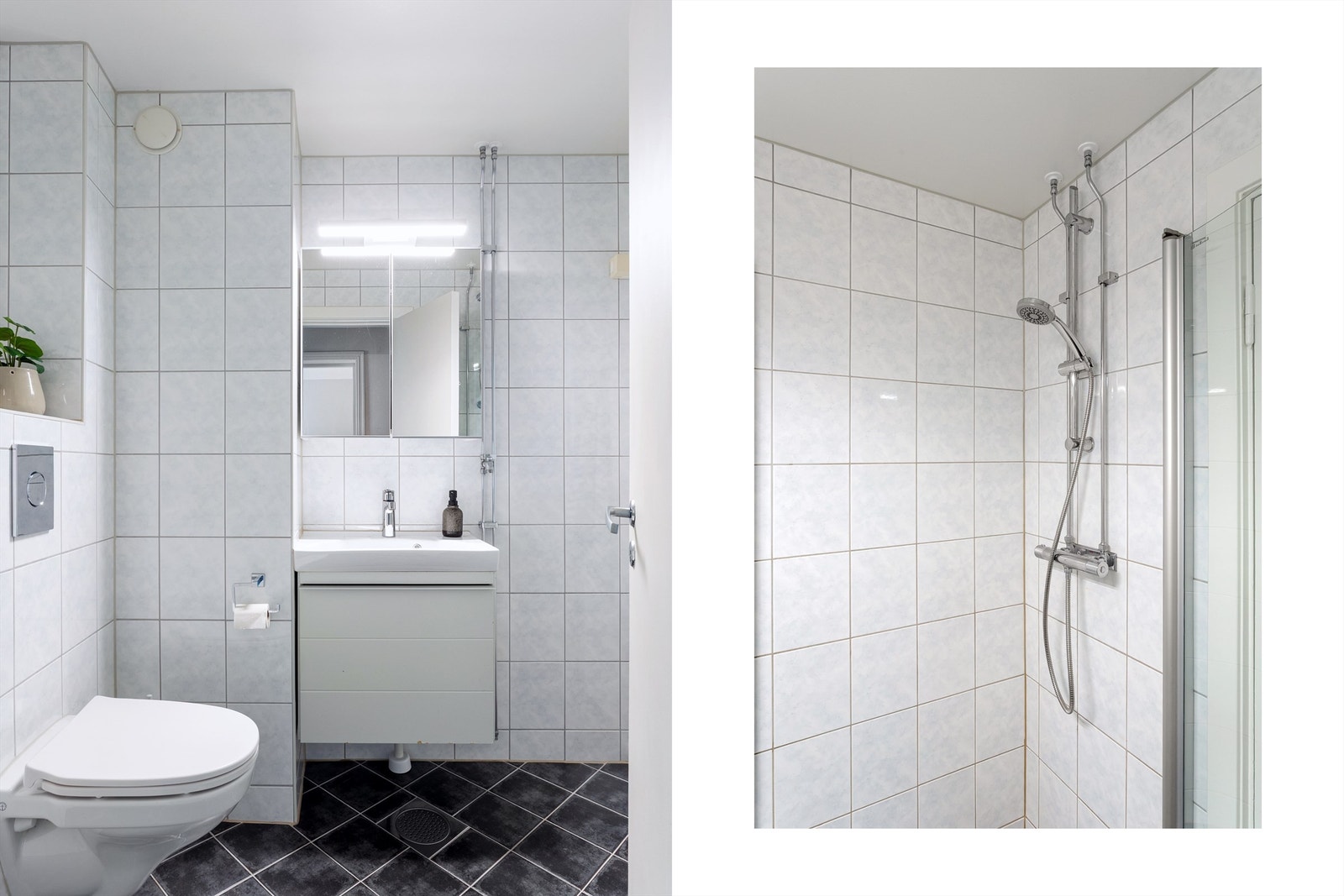 Badet har flislagte overflater, gulvvarme og en funksjonell planløsning. Galleribilde