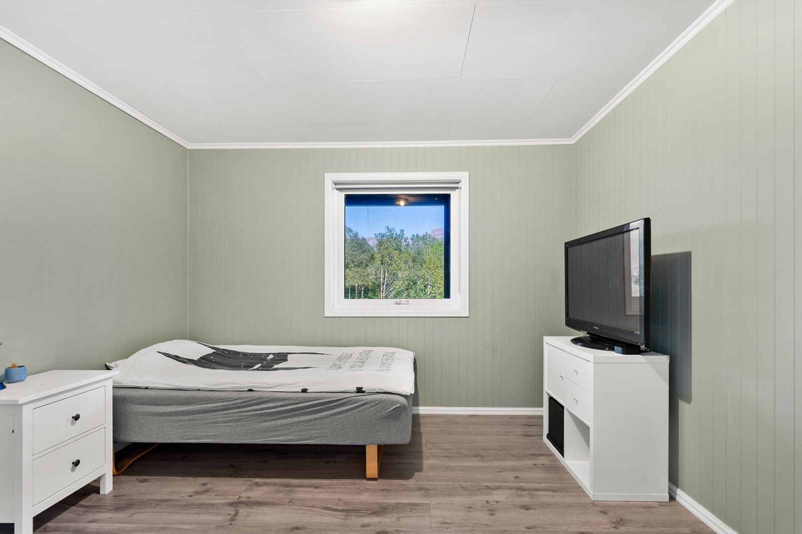 Soverom i kjeller med laminatgulv og plass til seng og møblering. Galleribilde