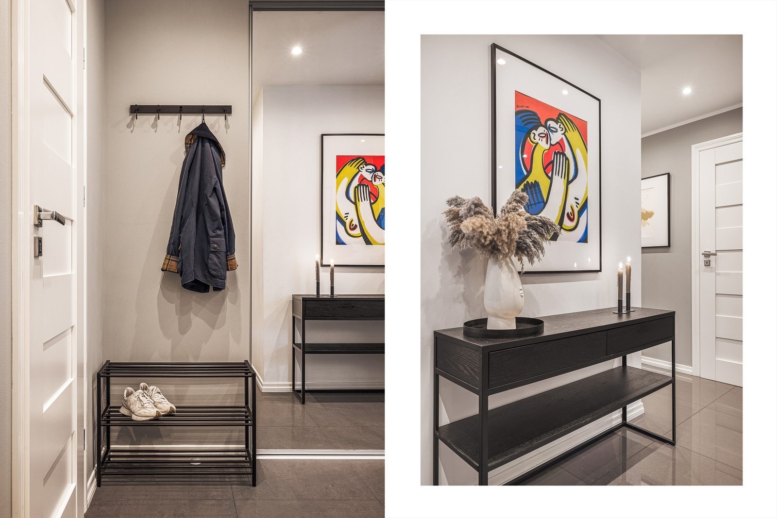 Leiligheten har som nevnt en innbydende gang med stilrene fliser på gulv, samt varmekabler. Videre er det utmerket oppbevaringsplass i en stor skyvedørsgarderobe med speilfronter, porttelefon med kamera, og nøkkelfri tilkomst med kodelås. Galleribilde