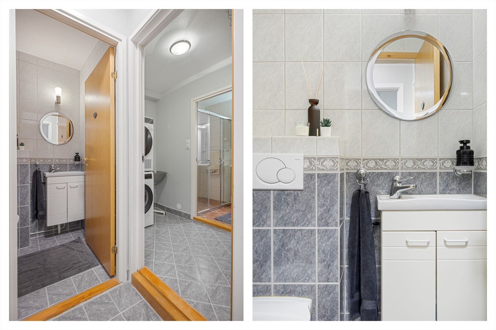 I tillegg til badet har leiligheten separat toalettrom og eget vaskerom med opplegg for vaskemaskin og utslagsvask. Galleribilde