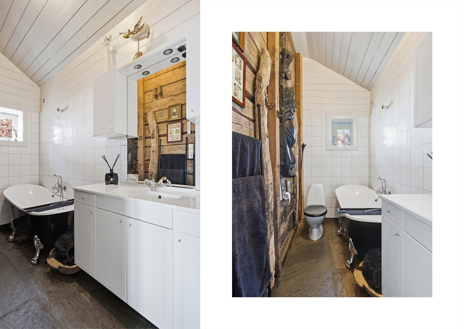 Hovedetasjen har bad med skiferstein på gulv, keramiske fliser, panel og tømmer på vegger. Galleribilde