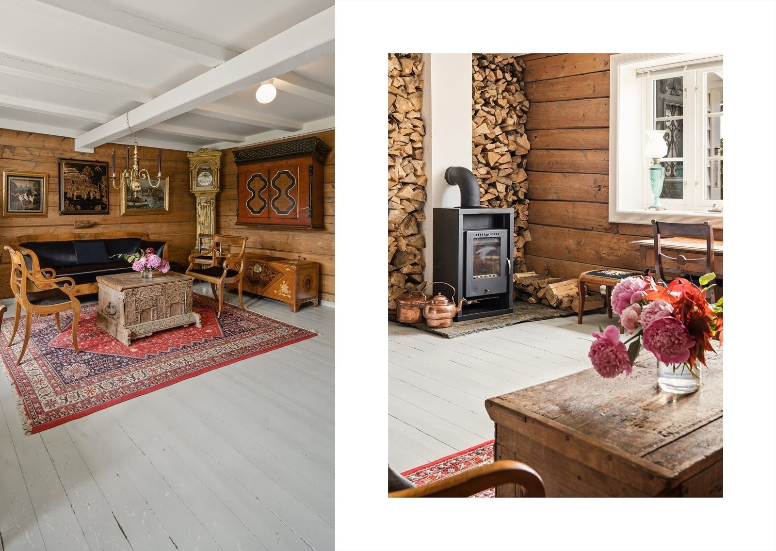 Her skaper tømmervegger, tregulv og ildsted en atmosfære som er både varm og ekte. Galleribilde