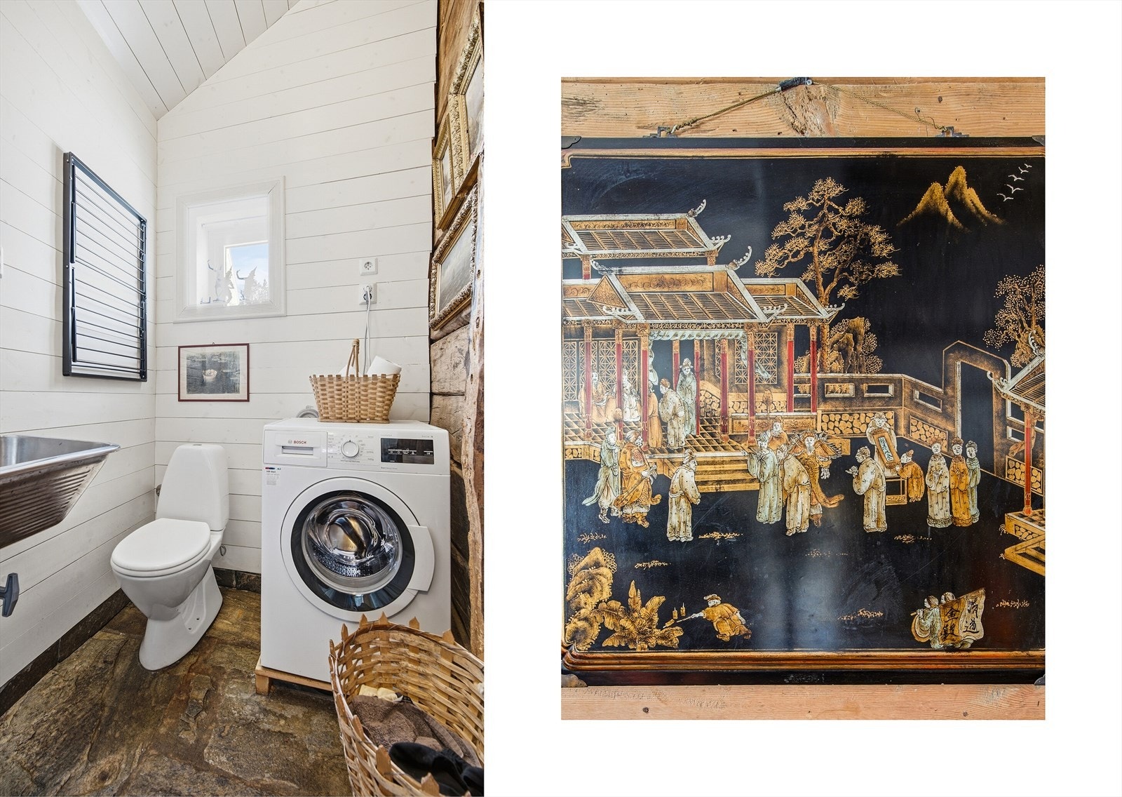 Vaskerom/WC i hovedetasjen gir en praktisk hverdagsfunksjon, med skifergulv og varmekabler. Galleribilde