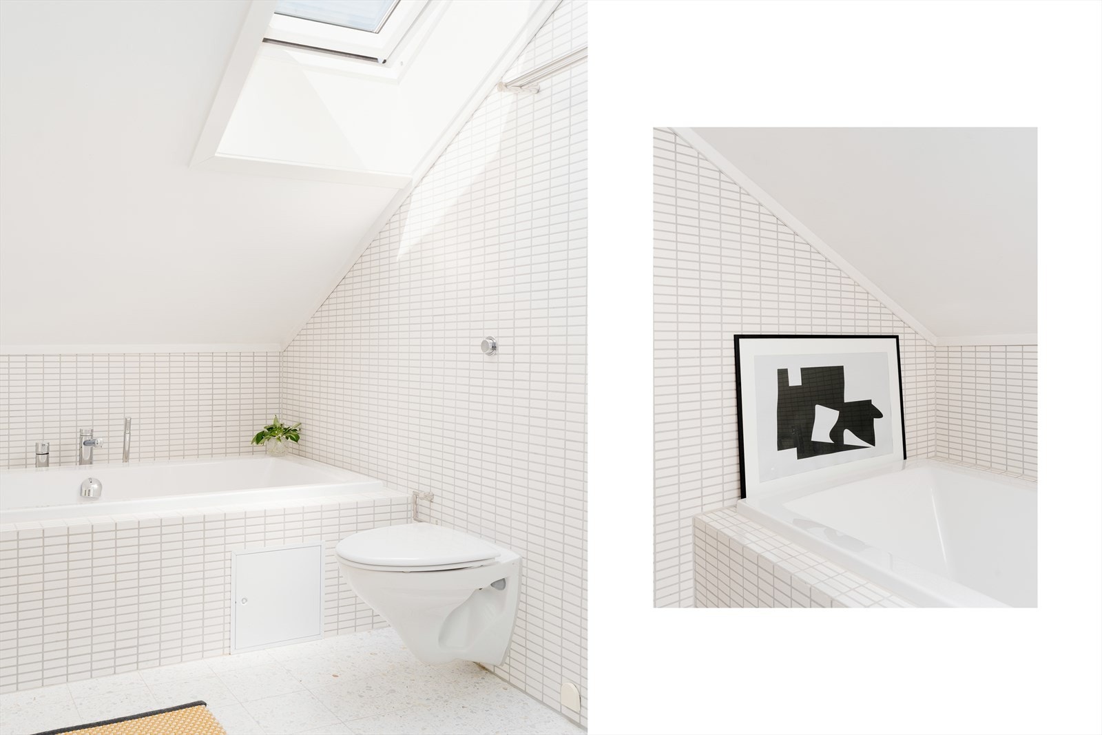 Badet har vegghengt toalett med innebygget sisterne og servantinnredning med benkeplate i tre. Galleribilde
