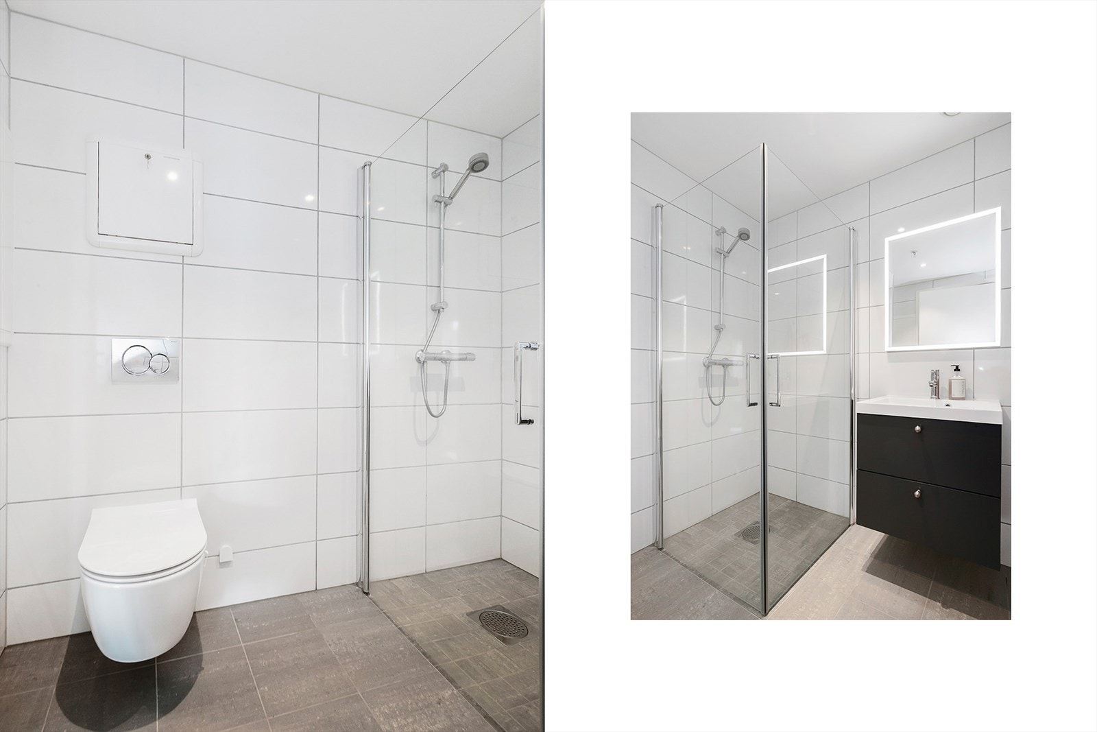 Leiligheten har ytterligere et flislagt bad fra 2020 med tilsvarende moderne standard. Badet er innredet med servantinnredning med skuffer, speil, vegghengt toalett og dusj med glassdører. Galleribilde