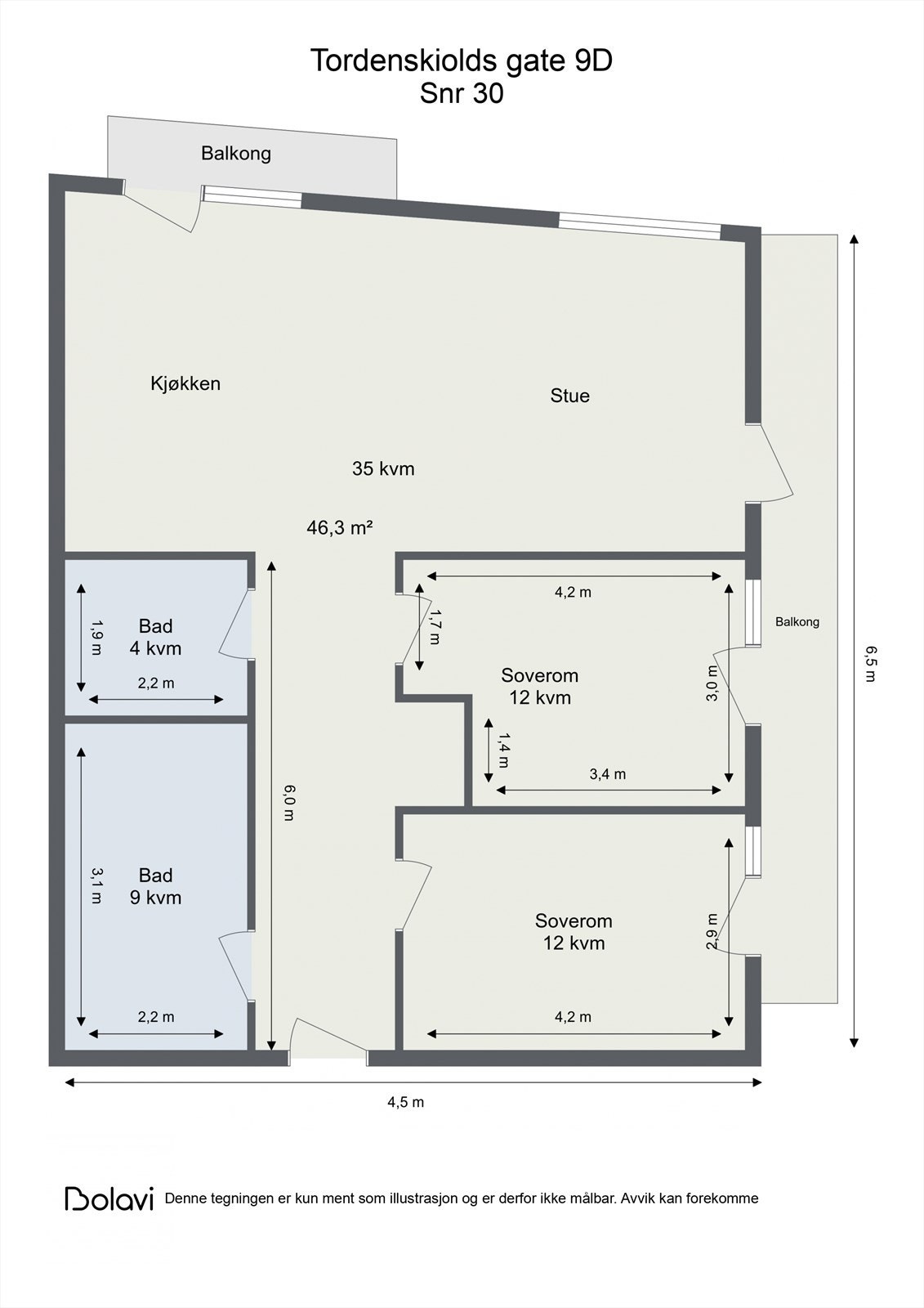 Leiligheten har en særdeles arealeffektiv planløsning med entré/gang, to bad, to soverom og stor åpen stue/kjøkkenløsning og to balkonger Galleribilde