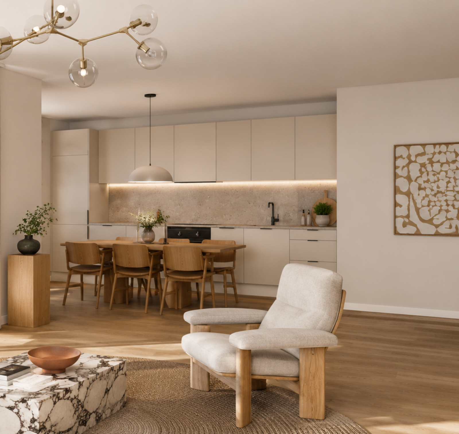 - Åpen og sosial stue- og kjøkkenløsning på 37,4 m², med kjøkken fra Sigdal i modell Vidde Korn - (Merk: Illustrasjons bilde, avvik vil forekomme) Galleribilde