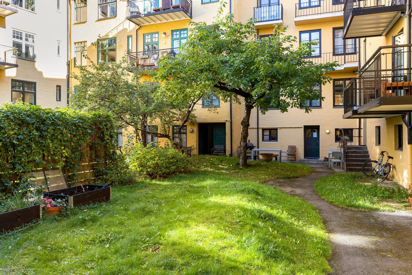 Vakker, felles bakgård med sittegrupper, beplantning og trær. Galleribilde