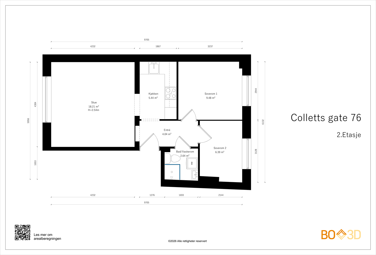Effektiv planløsning på 49 m² som rommer entré, stue, separat kjøkken, bad og to soverom. Galleribilde