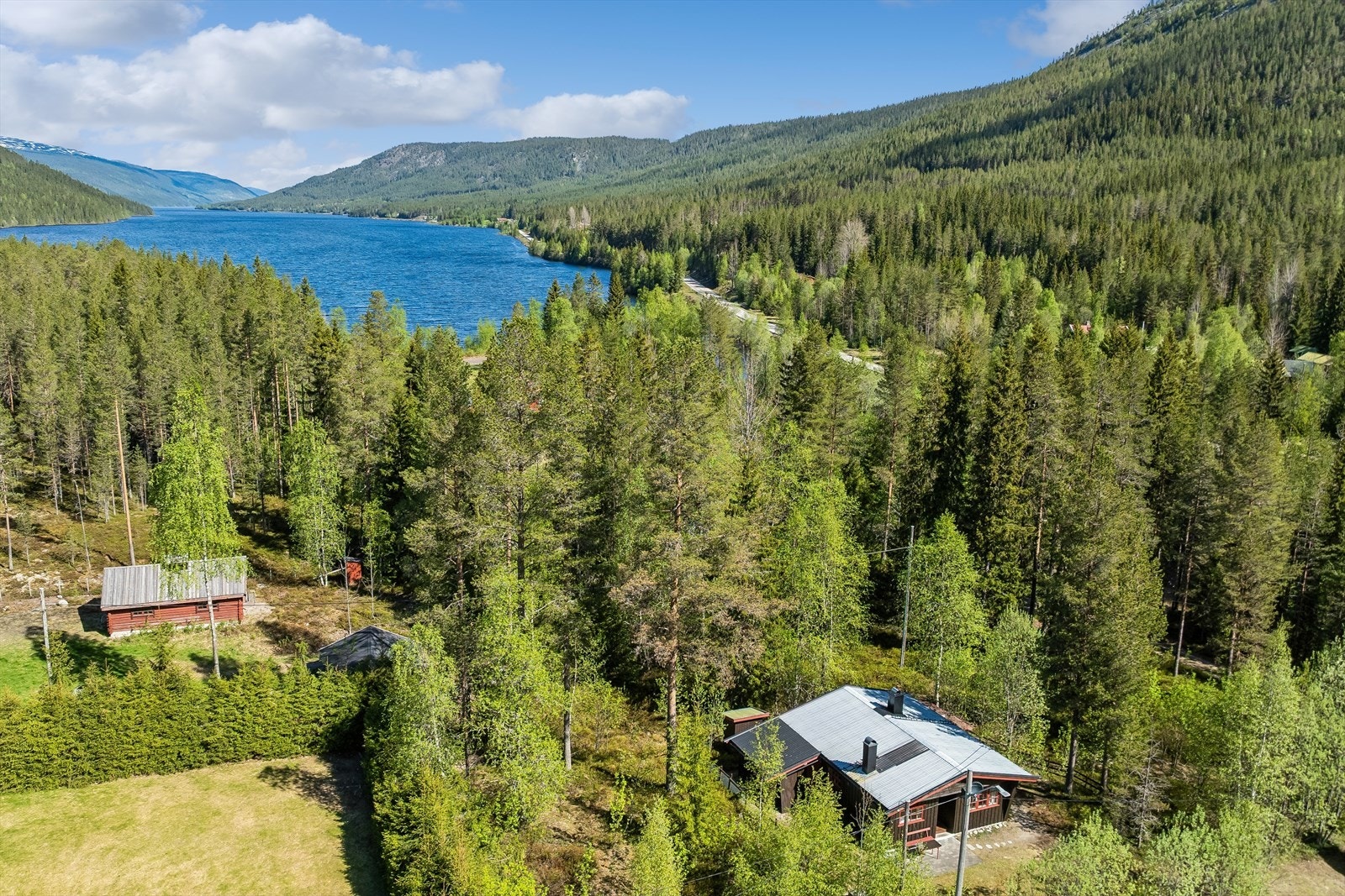 Eiendommen består av en inngjerdet, sydvendt naturtomt. I bakgrunnen sjøen Engeren. Galleribilde