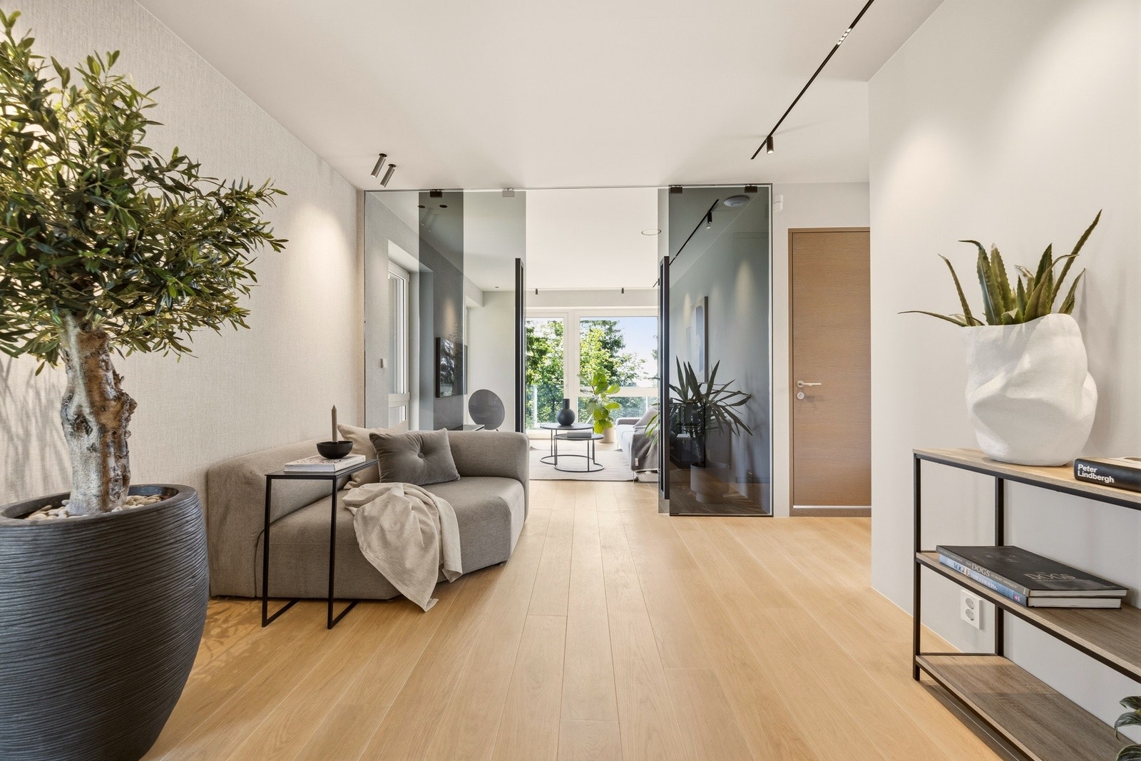 Store skyvedører i sotet glass gir mulighet til å dele inn boligen i soner ved behov, samtidig som lysinnslipp og den åpne romfølelsen ivaretas. Galleribilde