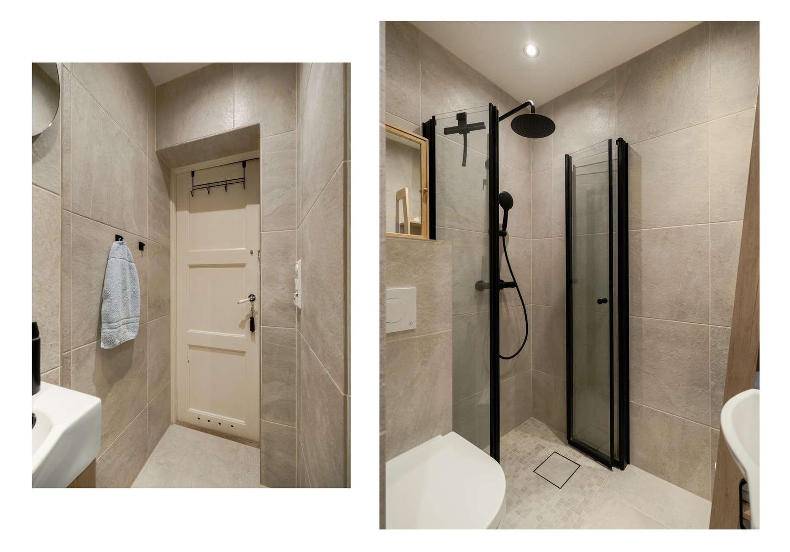 Badet er innredet med dusjsone med innfellbare glassdører, regnfalldusj, veggehengt toalett, servantskap og speil på vegg med belysning over. Galleribilde