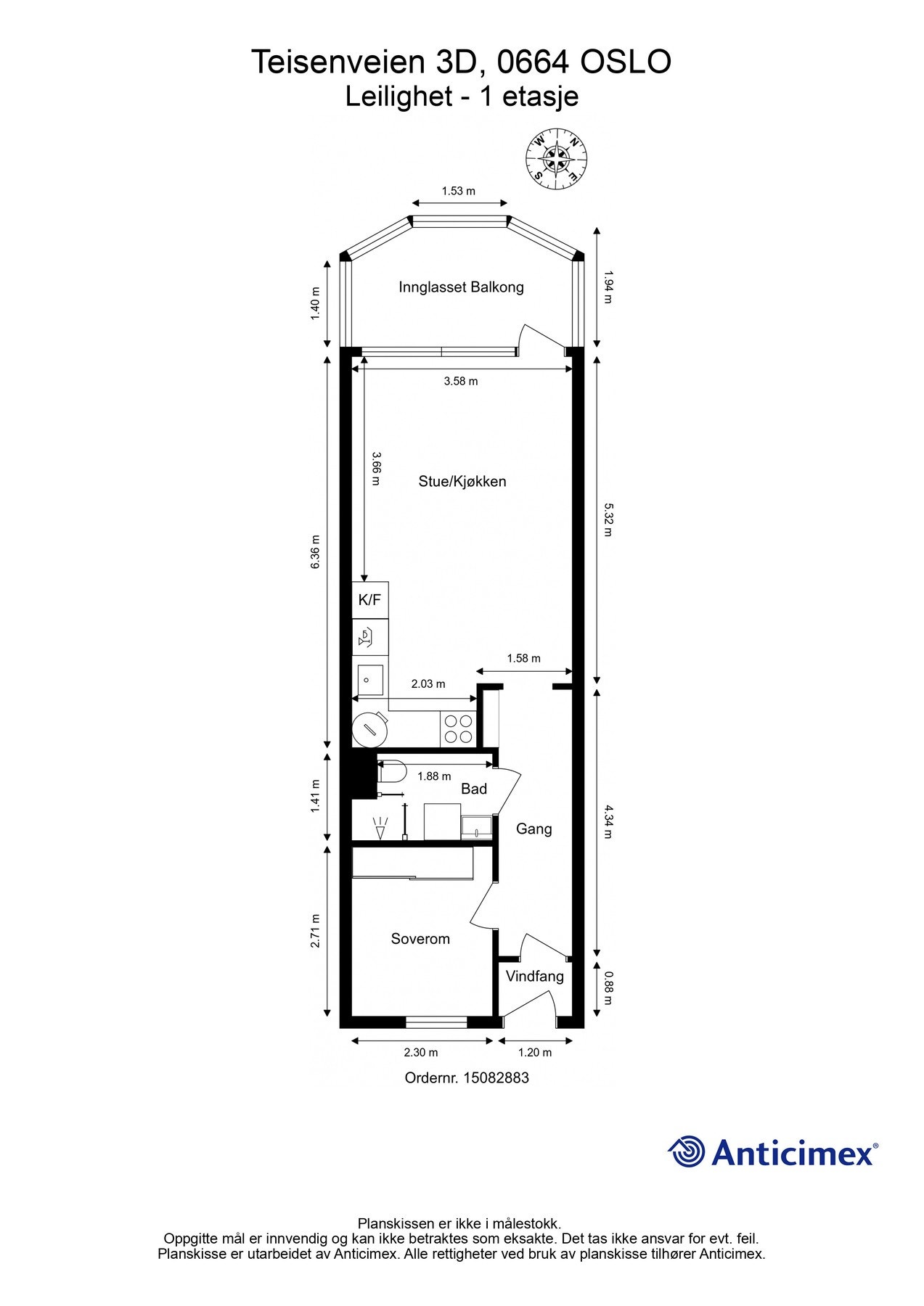 Plantegning. I tillegg disponerer leiligheten en kjellerbod på 2m², samt en matbod i kjeller (ikke måleverdig). Galleribilde